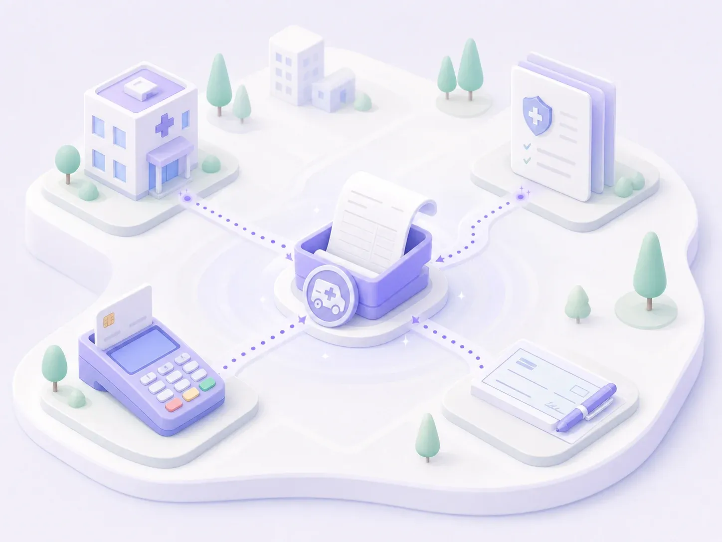 A card reader, a check, an insurance claim and a facility, each on a dotted path into one invoice tray