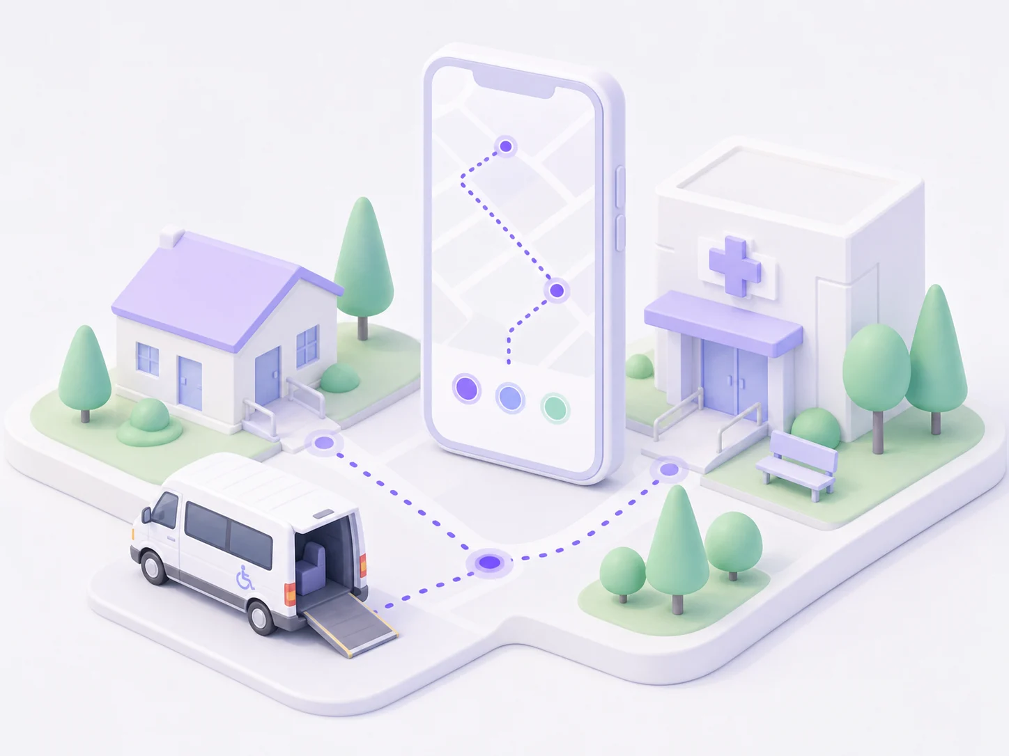 A medical transport van, home, clinic, and mobile route connected in one driver workflow