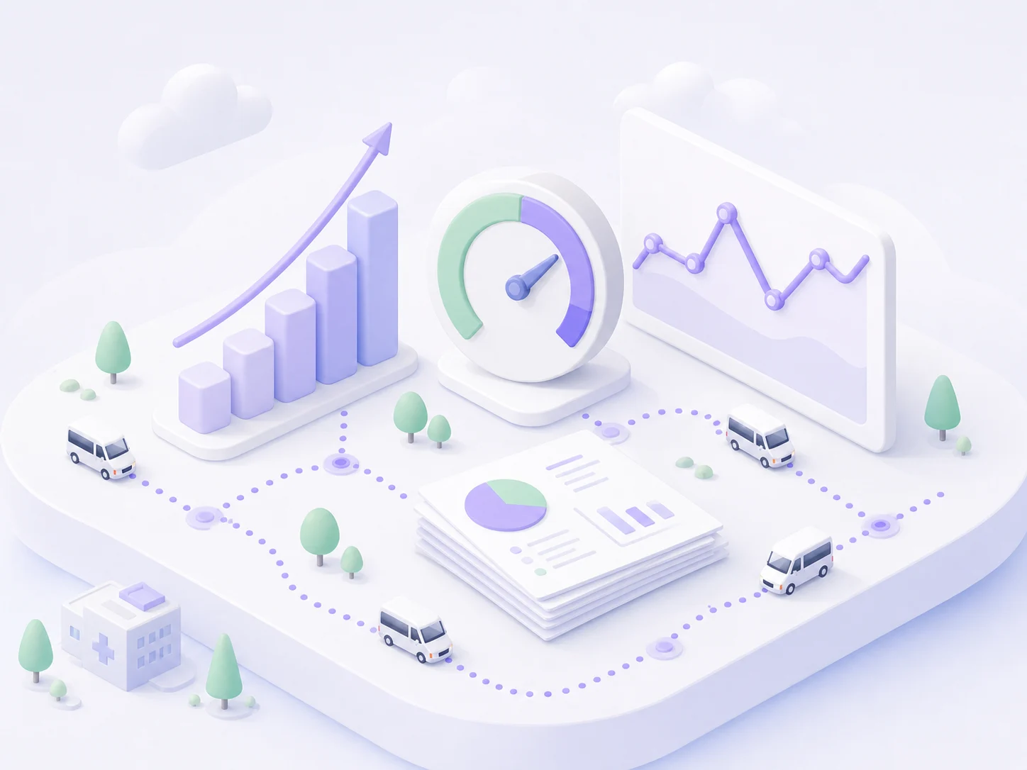 Soft isometric charts showing medical transportation fleet performance and route activity
