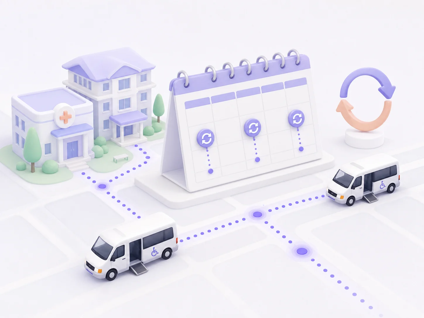 A clinic, recurring calendar, and wheelchair-accessible vans connected by scheduled routes
